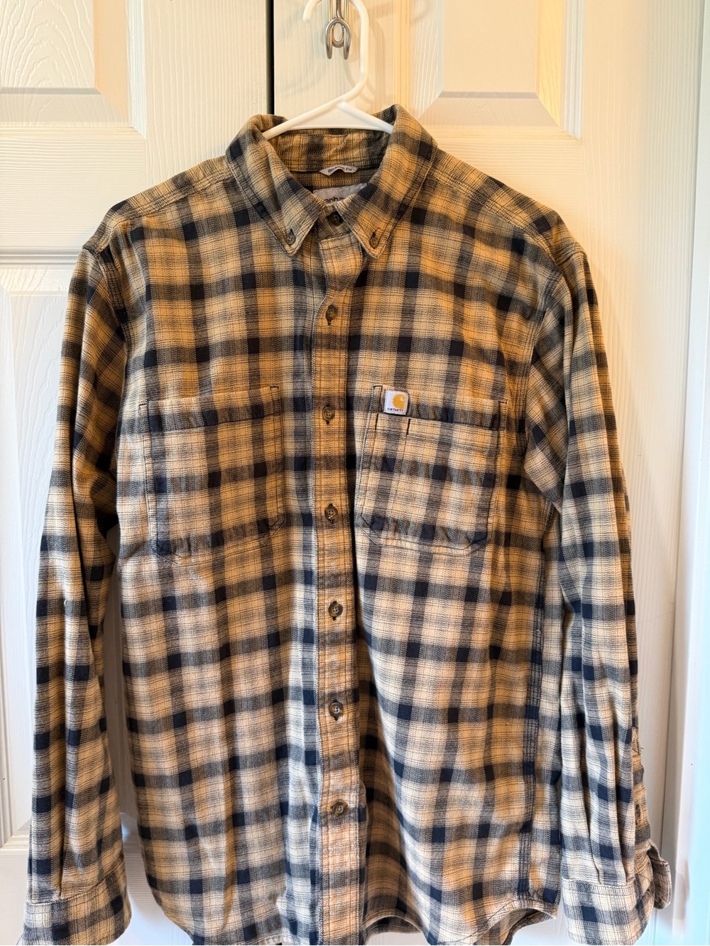 Carhartt Men’s Tan & Navy Plaid Flannel Shirt Size M